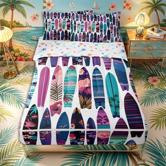 Castle Fairy Tropical Floral Surfboard Zipper Full Size Comforter Sets with Fitted Sheet and 2 Pillowcases,Palm Hibiscus Board Seamless Zipper Bedding Set,Purple Teal,Reversible,4pcs
