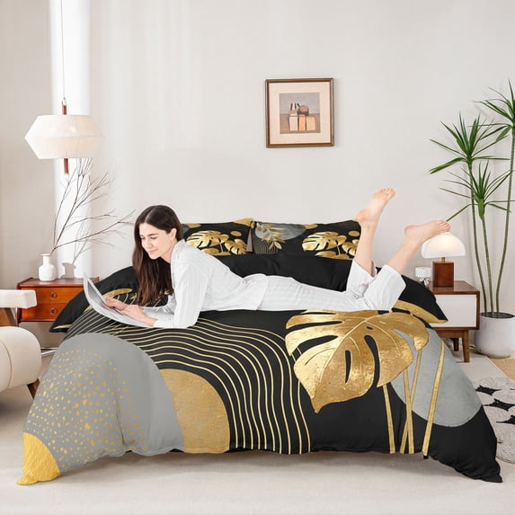 Castle Fairy Tropical Leaf Art Queen Duvet Cover Set for Adults, Gold Print Bedding for Bedroom, Black Gold,Black Reversible,3-Piece,No Comforter