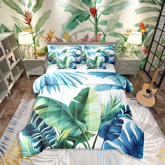 Castle Fairy Tropical Leaves 7-Piece Twin Bedding Sets,Green Blue Bedding Comforter Set,Botanical Plants Breathable Sheet Sets,Ultra Soft Gradient Home Decor,Reversible