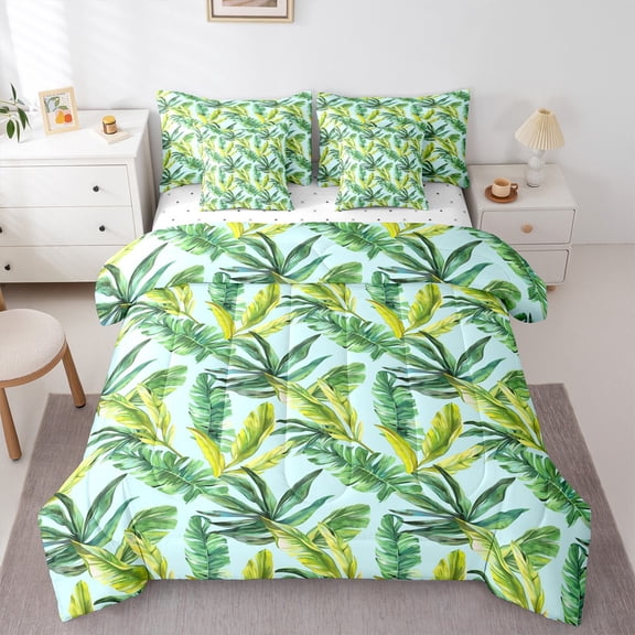 Castle Fairy Tropical Leaves Bedding Comforter Set 7-Piece for Teens,Vintage Aesthetic King Bedding Sets,Botanical Plants Ultra Soft Bed Sheets,Super Cozy Room Decor,Reversible
