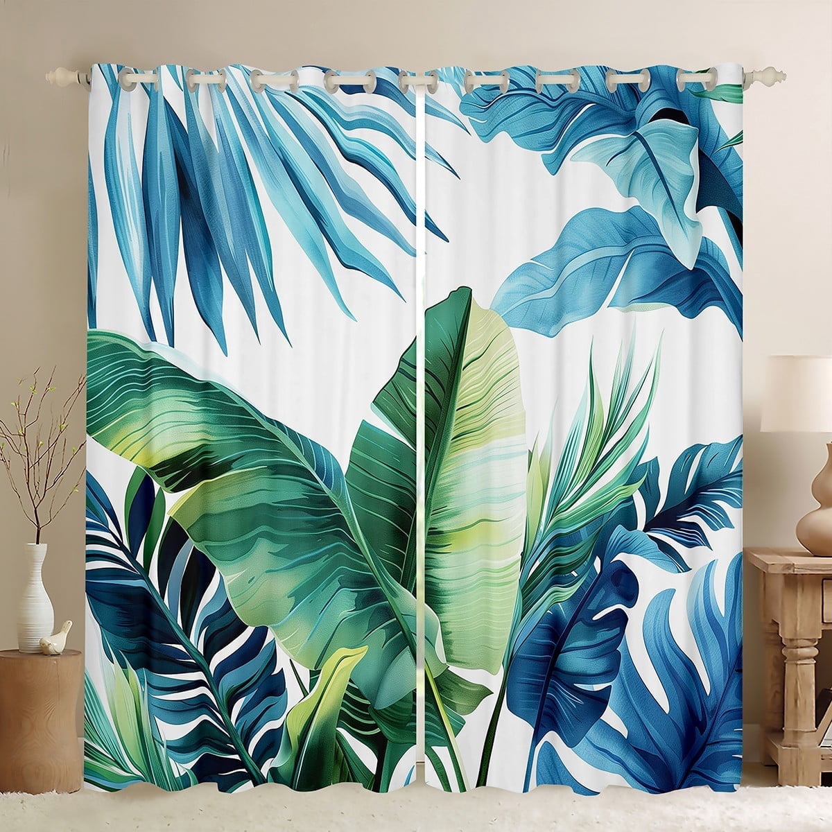 Castle Fairy Tropical Leaves Blackout Curtains Set of 2 (52x84 Each),Green Blue Window Curtains,Botanical Plants Curtains and Drapes,Ultra Soft Gradient Home Decor