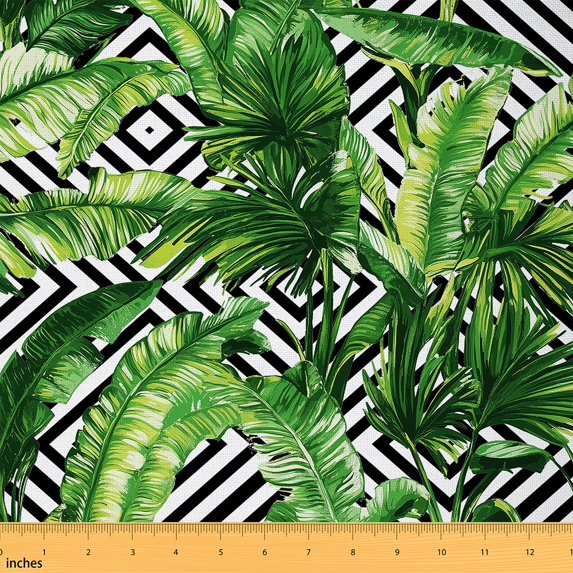 Castle Fairy Tropical Leaves Fabric by the Yard 5 Yards,Geometric Stripes Fabric for Sewing,Botanical Plants Home Decor Fabric by the Yard,Lightweight Room Decor