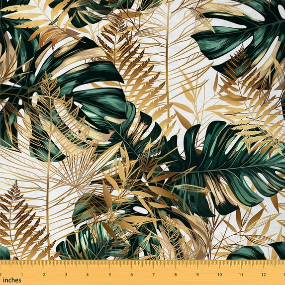 Castle Fairy Tropical Leaves Fabric by the Yard 5 Yards for Teens,Botanical Plants Fabric for Sewing,Green Golden Home Decor Fabric by the Yard,Microfiber Bedroom Decor