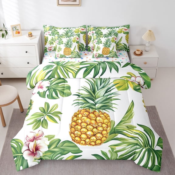 Castle Fairy Tropical Pineapple Bedding Comforter Set 7pcs for Teens Female Men,Tropical Floral Flowers Queen Bedding Sets Super Cozy,Botanical Plants Tree Leaves Queen Sheet Sets