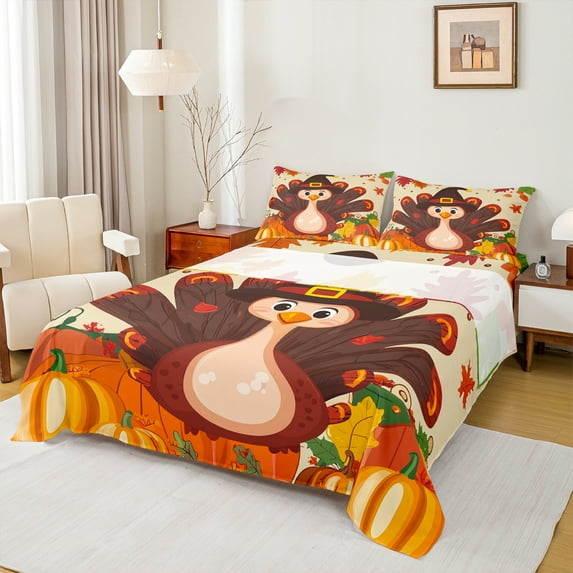 Castle Fairy Turkey Pumpkin 4-Piece Full Size Sheets for Children Teens Women Men,Thanksgiving Day Bed Sheets,Autumn Fall Harvest Lightweight Sheet Sets,Ultra Soft Home Decor