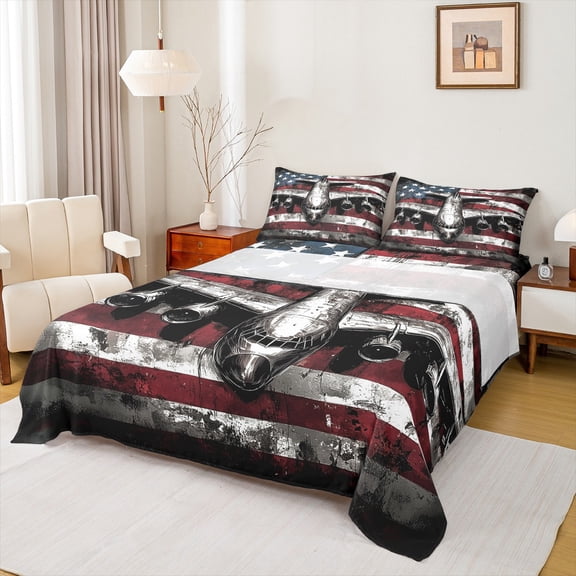 Castle Fairy USA Flag 3pcs Twin Sheet Sets,Jet Twin Fitted Sheet,Abstract Vintage Breathable Flat Sheet,Breathable Plane Home Decor