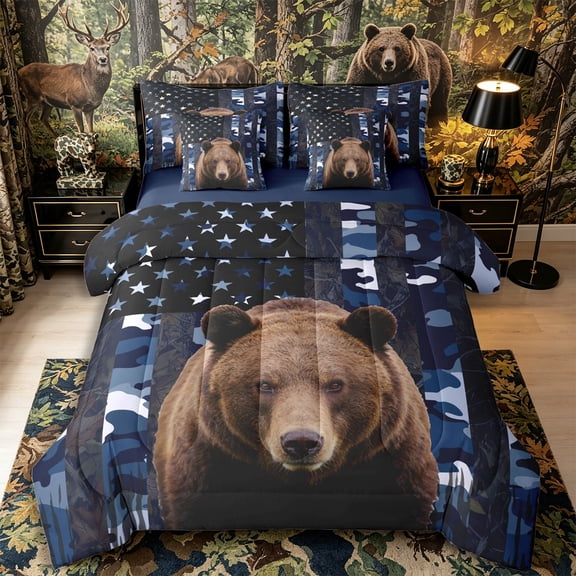 Castle Fairy USA Flag Brown Bear 7-Piece Twin Bedding,Vintage Camo Animal Bedding Comforter Set,Navy Blue Reversible
