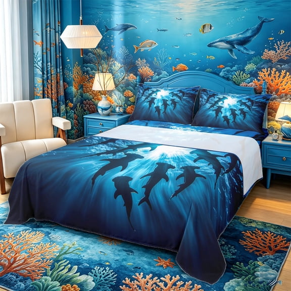 Castle Fairy Underwater Hammerhead Silhouette Bed Sheets 4-Piece,Sun Ray Deep Blue Ocean Graphic Full Size Sheets,Midnight Teal,1 Fitted Sheet,1 Flat Sheet and 2 Pillowcases