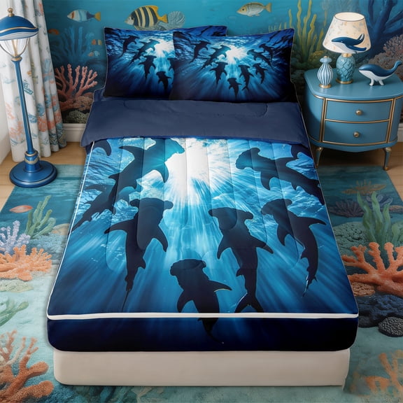Castle Fairy Underwater Hammerhead Silhouette Zipper Twin Comforter Sets with Fitted Sheet and 2 Pillowcases,Sun Ray Deep Blue Ocean Graphic Zipper Bedding Set,Midnight Teal,Reversible,4-Piece