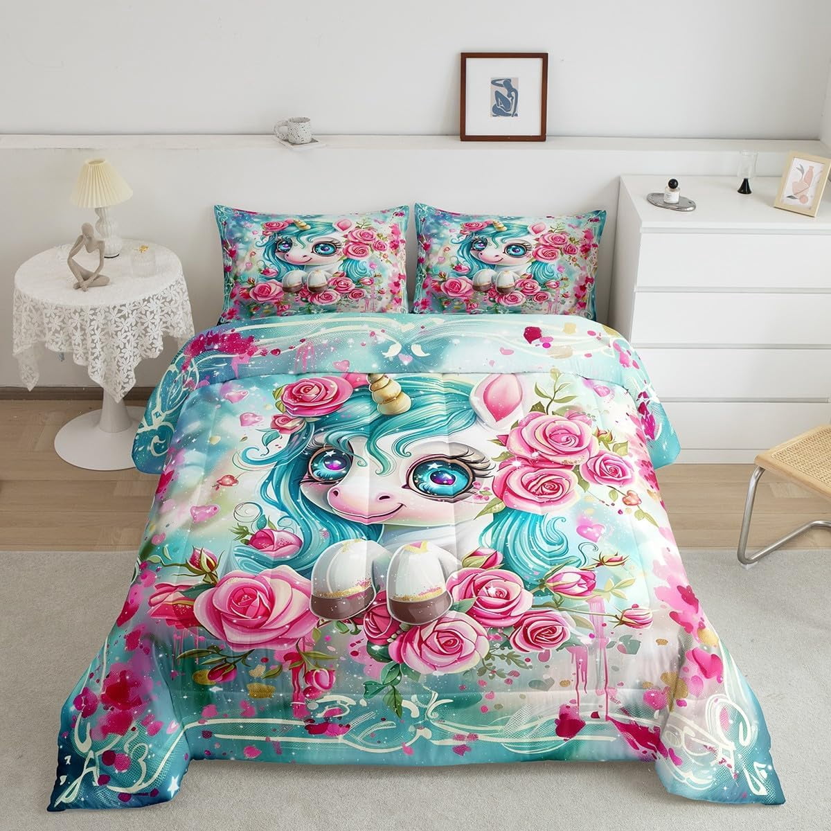 Castle Fairy Unicorn Full Size Bedding Sets 3 PCS Kids Cartoon Unicorn ...