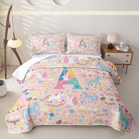 Castle Fairy Unicorn Letter A Quilt King,Kawaii Animal King Coverlet Set
