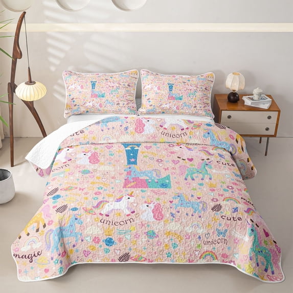 Castle Fairy Unicorn Letter L Twin Quilt Set,Cartoon Animal Twin Coverlet Set for Girls