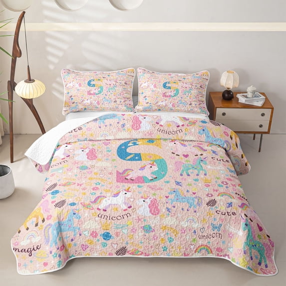 Castle Fairy Unicorn Letter S Twin Quilt Set,Kawaii Animal Twin Coverlet Set