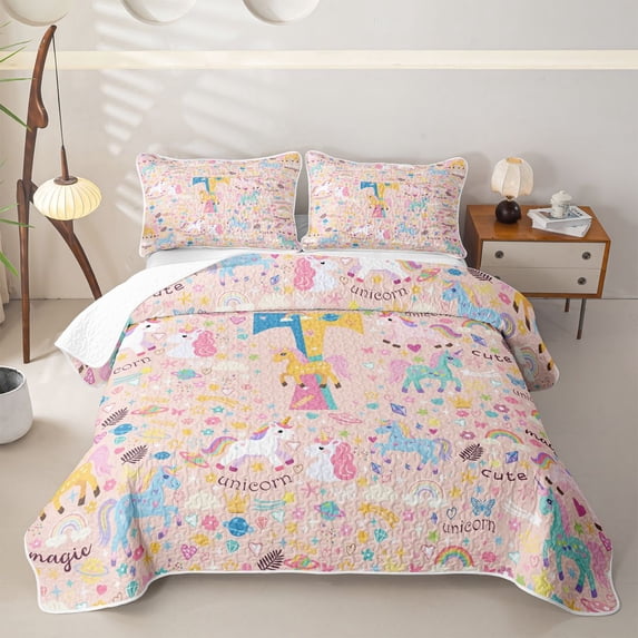 Castle Fairy Unicorn Letter T Quilt King,Cartoon Magical Horse King Coverlet Set