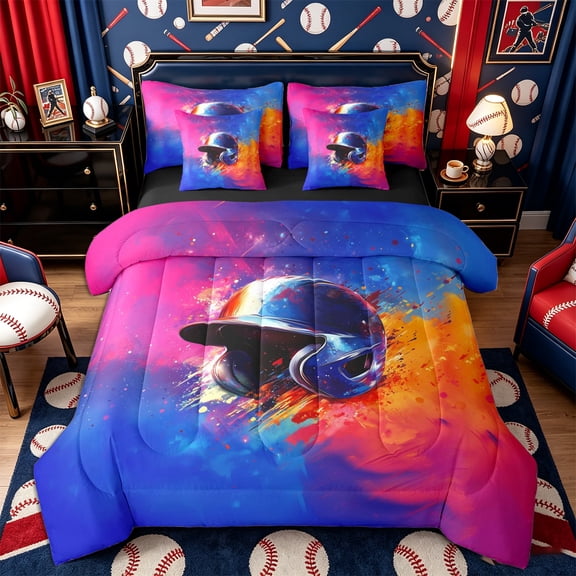 Castle Fairy Vibrant Baseball Twin Bedding 7-Piece, Watercolor Splash Helmet Bedding Comforter Set,Black Reversible