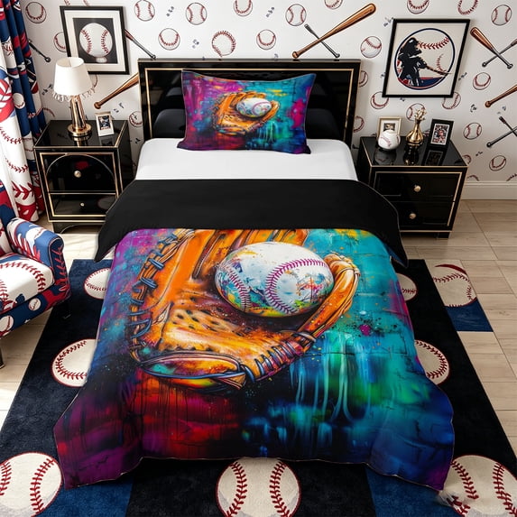 Castle Fairy Vibrant Baseball Twin Duvet Cover, Graffiti Glove Ball Twin Bedding,Black Reversible,2pcs,1 Duvet Cover and 1 Pillowcase