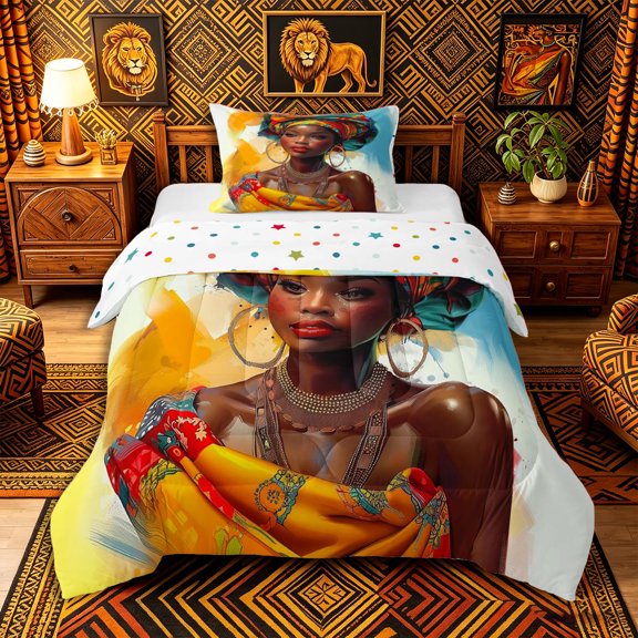 Castle Fairy Vibrant Black Girl Twin Comforter Sets 2pcs,Fluid Watercolor Splash Art Bedding Set,Blue Gold Orange,1 Comforter and 1 Pillowcase