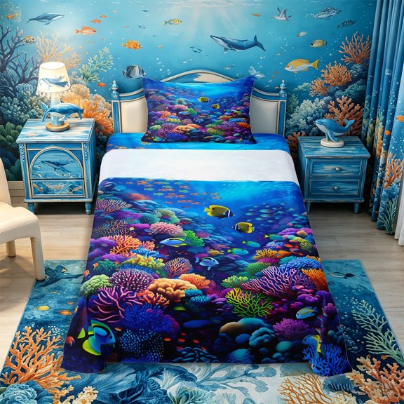 Castle Fairy Vibrant Coral Reef Fish Twin Sheets 3pcs,Colorful Underwater Tropical Landscape Bedding,Cyan Magenta,1 Fitted Sheet,1 Flat Sheet and 1 Pillowcase