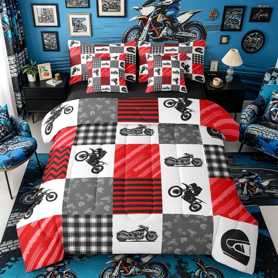 Castle Fairy Vibrant Dirt Bike Twin Bedding Sets 7-Piece for Youth, Helmet Plaid Print Bedding Comforter Set for Bedroom, Red Black White,Black Reversible