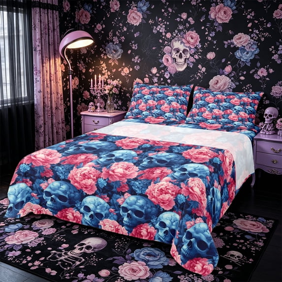 Castle Fairy Vibrant Gothic Skull Bed Sheets 4-Piece,Dense Peony Bloom Full Size Sheets,Blue Blush,1 Fitted Sheet,1 Flat Sheet and 2 Pillowcases