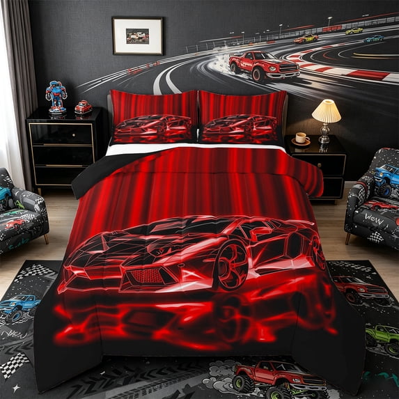 Castle Fairy Vibrant Neon Car Queen Comforter Set 3pcs for Teens, Red Glow Race Bedding Comforter Set for Bedroom, Red Black,Black Reversible