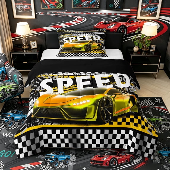 Castle Fairy Vibrant Racing Sports Car Twin Comforter Sets 3-Piece for Kids, Bold Speedometer Checkered Bedding Set for Bedroom, Yellow Black White,Black Reversible