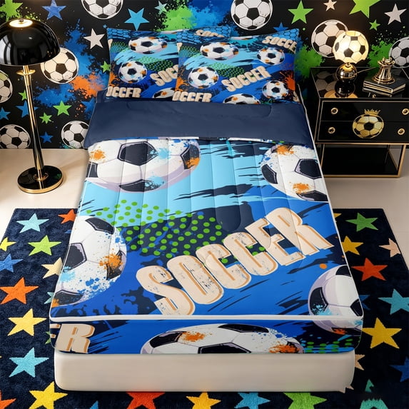 Castle Fairy Vibrant Soccer Zipper Full Size Comforter Sets with Fitted Sheet and 2 Pillowcases, Sport Theme Zipper Bedding Set, Blue Orange,4pcs,Navy Blue Reversible