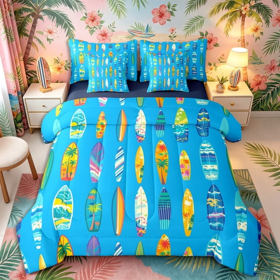 Castle Fairy Vibrant Wave Surfboard 7-Piece Twin Bedding,Palm Tropical Tile Pattern Bedding Comforter Set,Blue Yellow,Navy Blue Reversible