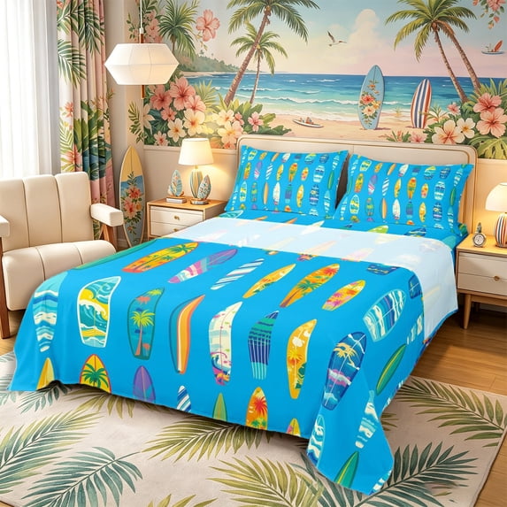 Castle Fairy Vibrant Wave Surfboard Queen Sheets 4 Pieces,Palm Tropical Tile Pattern Queen Sheet Sets,Blue Yellow,1 Fitted Sheet,1 Flat Sheet and 2 Pillowcases