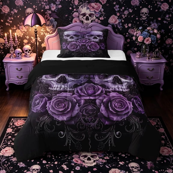 Castle Fairy Victorian Purple Skull Twin Comforter Sets 2pcs,Purple Rose Gothic Style Bedding Set,Violet Black,1 Comforter and 1 Pillowcase,Black Reversible