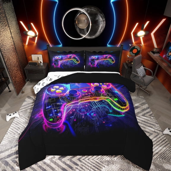Castle Fairy Video Game 2pcs Bedding Comforter Set,Game Console Twin Comforter Sets,Neon Lights Breathable Bedding Set,Microfiber Boys Bedroom Decor,Reversible