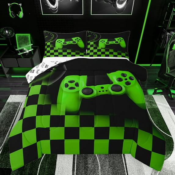 Castle Fairy Video Game 3 Pieces Queen Comforter Set for Kids Teens Adults,Game Controller Teens Game Ultra Soft Bedding Sets,Geometric Checkered Plaid Bedding Comforter Set Breathable