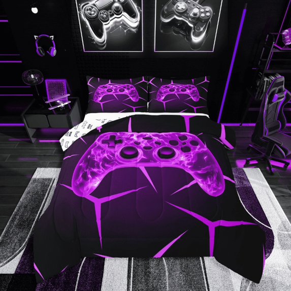 Castle Fairy Video Game 3pcs King Size Comforter Sets,Black Purple Bedding Comforter Set,Geometric Theme Super Cozy Bedding Set,Ultra Soft Abstract Home Decor,Reversible