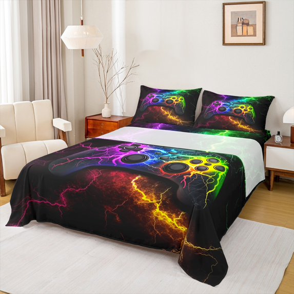 Castle Fairy Video Game 3pcs Twin Sheet Sets,Abstract Lightning Twin Fitted Sheet,Gradient Vintage Breathable Flat Sheet,Ultra Soft Gamepads Home Decor