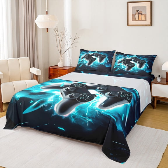 Castle Fairy Video Game 3pcs Twin Sheet Sets,Black Blue Twin Fitted Sheet,Abstract Lightning Breathable Flat Sheet,Microfiber Teenagers Bedroom Decor