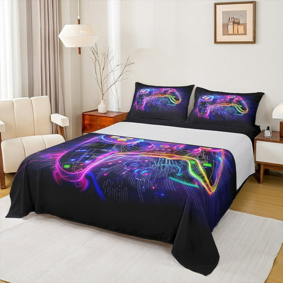 Castle Fairy Video Game 3pcs Twin Sheet Sets,Game Console Twin Fitted Sheet,Neon Lights Breathable Flat Sheet,Microfiber Boys Bedroom Decor