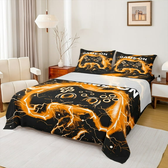 Castle Fairy Video Game 4 Pieces Queen Sheet Sets for Teens Women Men,Abstract Orange Lightning Ultra Soft Flat Sheet,Gradient Gamer Queen Fitted Sheet,Super Cozy Room Decor