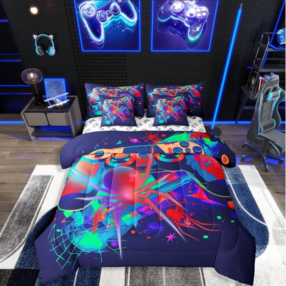 Castle Fairy Video Game 7-Piece Bedding Comforter Set,Animal Spider King Bedding Sets,Neon Lights Ultra Soft Bed Sheets,Super Cozy Abstract Room Decor,Reversible