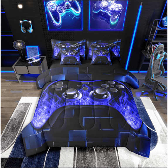 Castle Fairy Video Game 7-Piece Bedding Comforter Set for Teens,Futuristic Cubes King Bedding Sets,Black Blue Ultra Soft Bed Sheets,Luxury Bedroom Decor