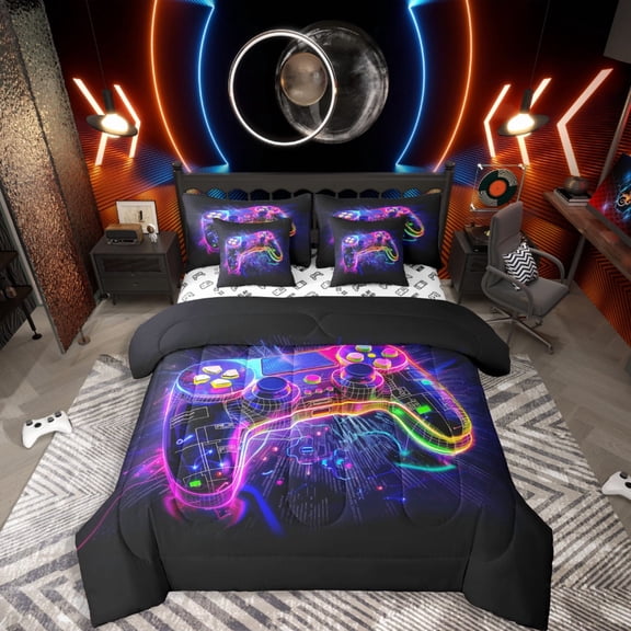 Castle Fairy Video Game 7-Piece Twin Bedding Sets,Game Console Bedding Comforter Set,Neon Lights Breathable Sheet Sets,Microfiber Boys Bedroom Decor,Reversible