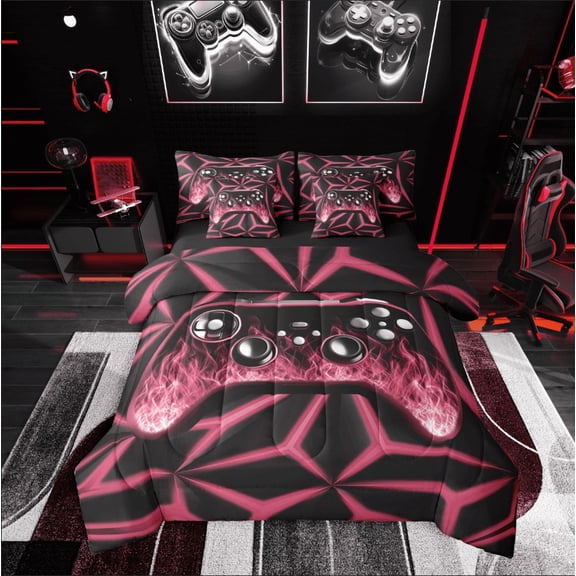 Castle Fairy Video Game 7-Piece Twin Bedding Sets for Teens,Gradient Geometric Bedding Comforter Set,Abstract Gamepads Breathable Sheet Sets,Breathable Home Decor