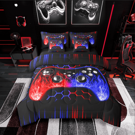 Castle Fairy Video Game 7-Piece Twin Bedding Sets for Teens,Gradient Honeycomb Bedding Comforter Set,Blue Red Breathable Sheet Sets,Breathable Home Decor