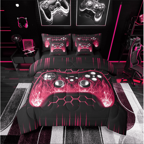 Castle Fairy Video Game 7 Pieces Bedding Comforter Set for Teens,Gradient Honeycomb Full Bedding Set Lightweight,Black Pink Fitted Sheet Flat Sheet,Breathable Home Decor