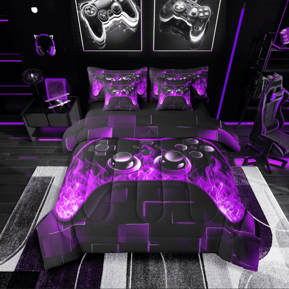 Castle Fairy Video Game 7pcs Bedding Comforter Set for Teens,Futuristic Cubes Queen Bedding Sets Super Cozy,Black Purple Queen Sheet Sets,Luxury Bedroom Decor