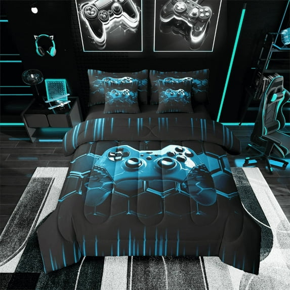 Castle Fairy Video Game 7pcs Bedding Comforter Set for Teens,Geometric Honeycomb Queen Bedding Sets Super Cozy,Gradient Gamepads Queen Sheet Sets,Ultra Soft Home Decor