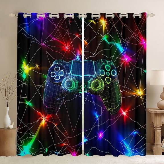Castle Fairy Video Game Black Out Curtains,Neon Lights Curtains Pack of 2 (42x63 Each),Geometric Stripes Bedroom Curtains,Ultra Soft Gamepads Home Decor