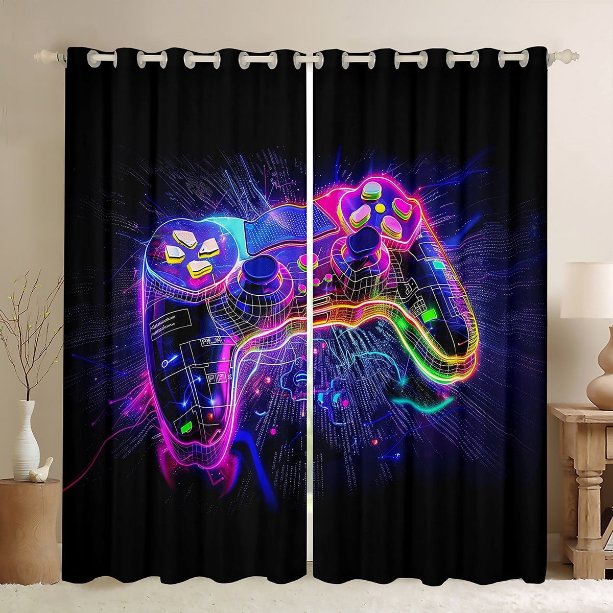 Castle Fairy Video Game Black Out Curtains,Game Console Curtains Pack of 2 (42x63 Each),Neon Lights Bedroom Curtains,Microfiber Boys Bedroom Decor