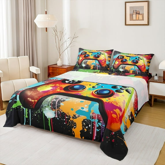 Castle Fairy Video Game Boy 4pcs Bed Sheets,Abstract Gamepads King Sheets,Watercolor Splash Super Cozy Sheet Set,Luxury Bedroom Decor