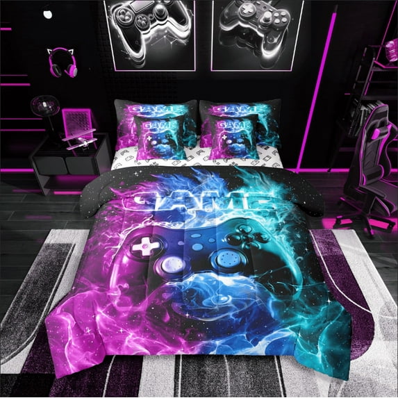 Castle Fairy Video Game Boy 7 Pieces Bedding Comforter Set,Purple Blue Teal Gamer Full Bedding Set Lightweight,Galaxy Universe Fitted Sheet Flat Sheet,Ultra Soft Home Decor