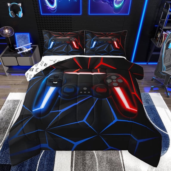 Castle Fairy Video Game Boy Bedding Comforter Set 2pcs,Abstract Geometric Plaid Gamepads Twin Comforter Sets Microfiber,Blue Red Neon Lights Gamer Breathable Bedding Set,Super Cozy Room Decor